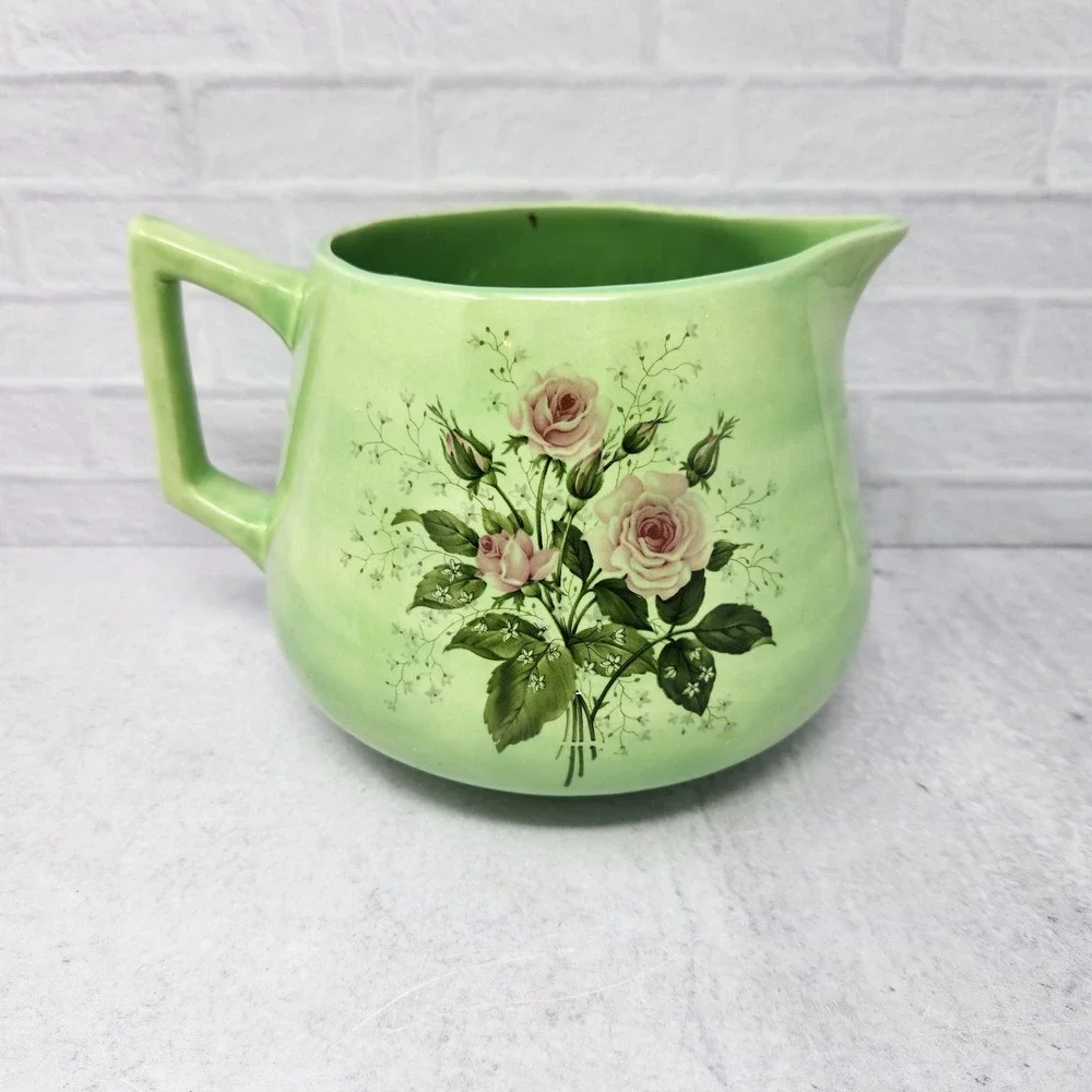 Green & Pink Ceramic Jug Pitcher Vase with Rose Floral Pattern, Cottage Flowers